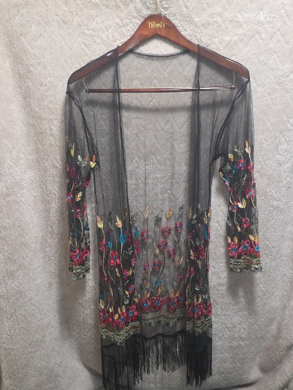 Sheer Black Embroidered Cross-Stitch Fringe Kimono